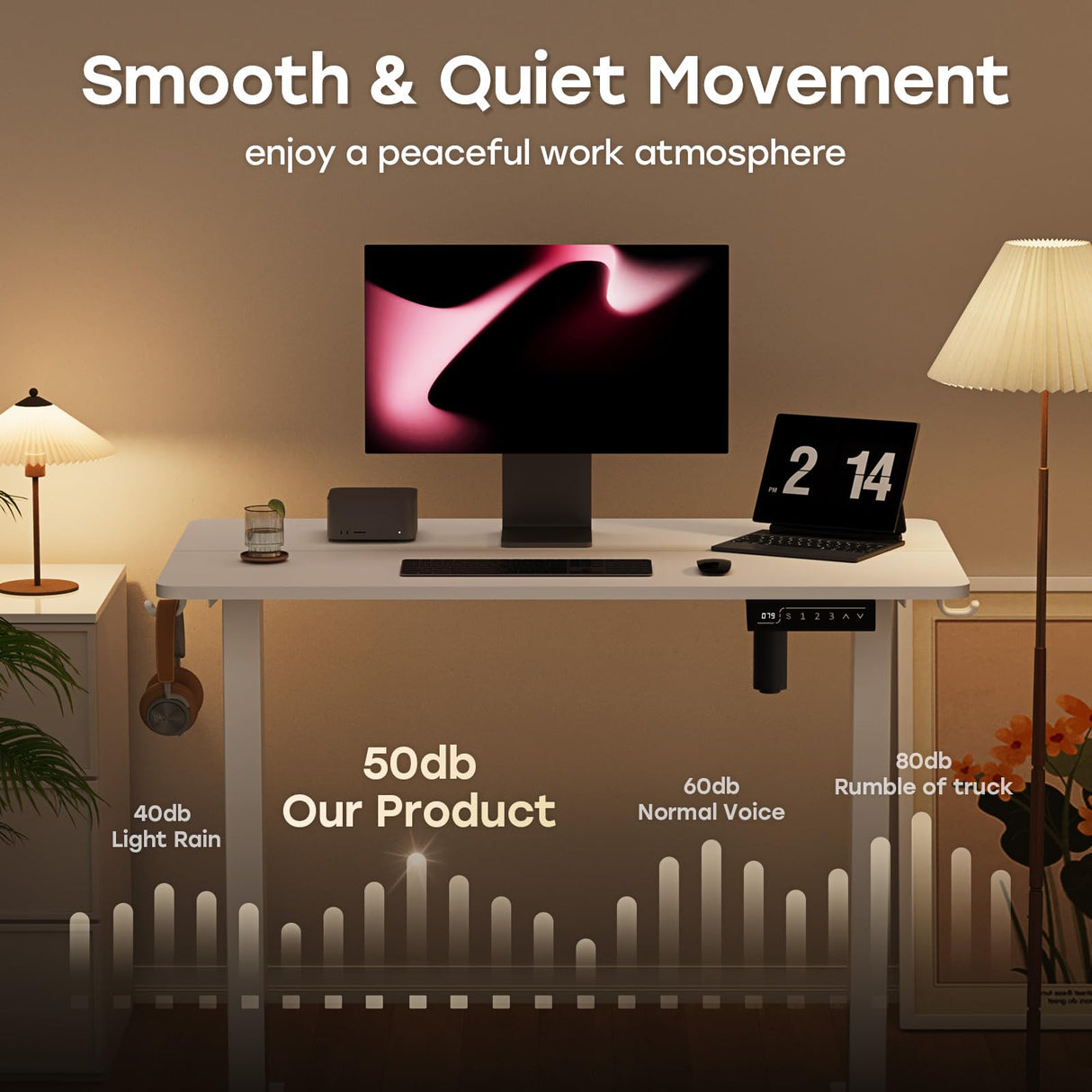 JYLH JOYSEEKER Small Standing Desk, 35" ×20" Electric White Standing Desk, Height Adjustable Compact Sit Stand Desk with Splice Board, Home Office Desk with 2 Hooks JYLH JOYSEEKER