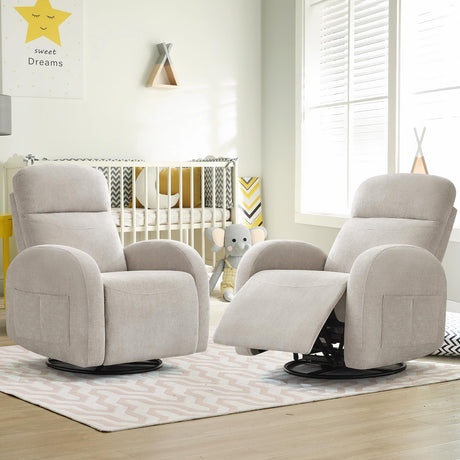 AEMEIOS Nursery Swivel Rocker Recliner, Manual Nursering Glider Recliner, Chenille Swivel Rocking Nursery Recliners with Double Pockets for Living Room, Camel AEMEIOS