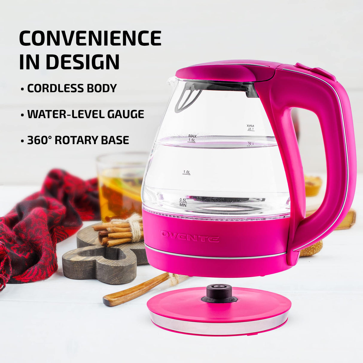 OVENTE Glass Electric Kettle Hot Water Boiler 1.5 Liter Borosilicate Glass Fast Boiling Countertop Heater - BPA Free Auto Shut Off Instant Water Heater Kettle for Coffee & Tea Maker - Pink KG83F OVENTE