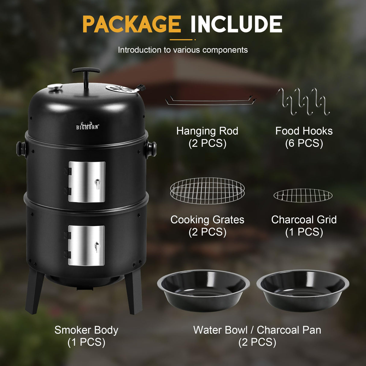 BIG HORN OUTDOORS 16 inch Charcoal Smoker, Vertical BBQ Grill, Heavy Duty 4 In 1 Fire Pit with Built-in Thermometer & Adjustable Vent System for Backyard Patio Camping BIG HORN OUTDOORS