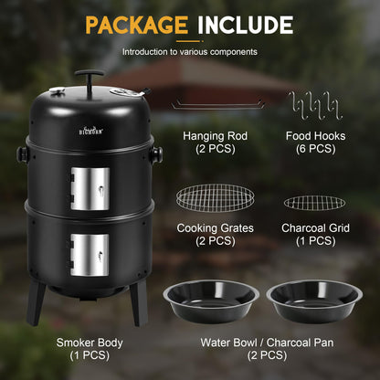 BIG HORN OUTDOORS 16 inch Charcoal Smoker, Vertical BBQ Grill, Heavy Duty 4 In 1 Fire Pit with Built-in Thermometer & Adjustable Vent System for Backyard Patio Camping