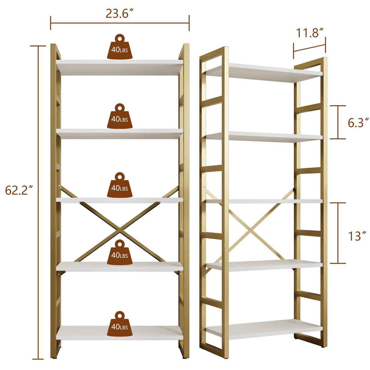 Shintenchi 5 Tiers Bookshelf, Classically Tall Bookcase Shelf,Industrial Book Rack,Modern Book Holder in Bedroom/Living Room/Home/Office, Storage Rack Shelves for Books/Movies,Gold Shintenchi