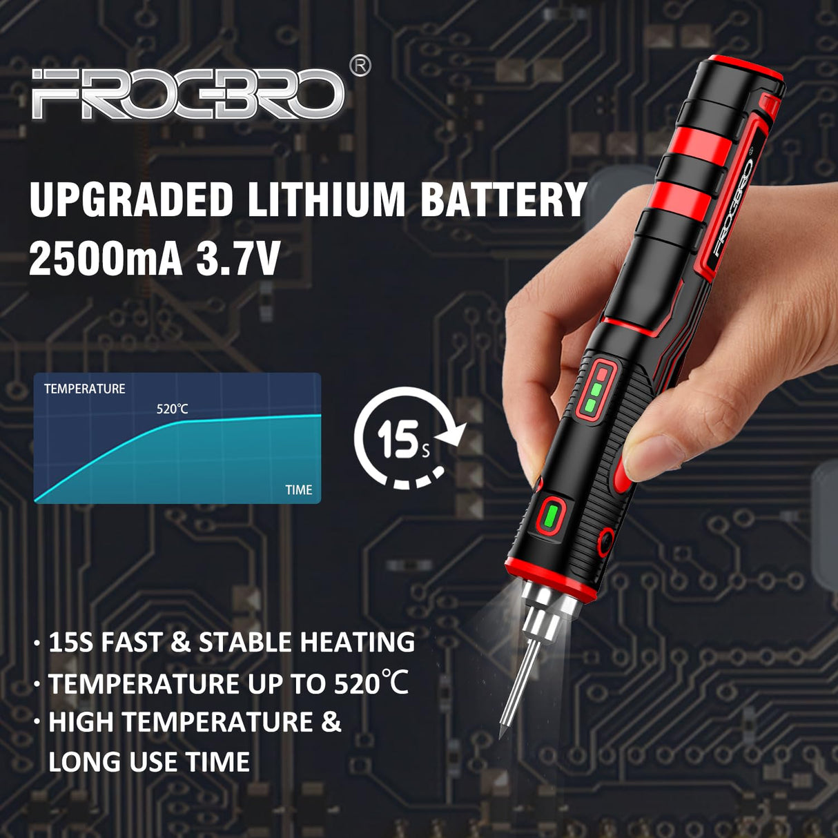 FrogBro 11W 2500mAh Cordless Soldering Iron Kit, Upgrade Max 968℉ Fast Heating Portable Soldering Iron, USB Rechargeable Soldering Iron High Capacity with Touch Sensor & LED Spotlight (2 tips+adaptor) FROGBRO