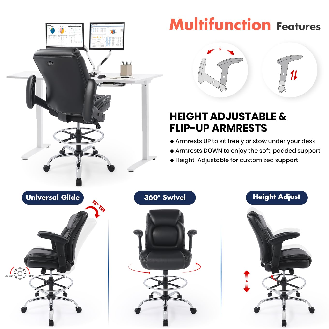 Ergonomic Mid-Back Premium Faux Leather Adjustable Drafting Chair with Multi-Function Arms and Foot Ring, Standing-Desk Matched Tall Swivel Computer Office Stool, Black