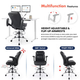 Ergonomic Mid-Back Premium Faux Leather Adjustable Drafting Chair with Multi-Function Arms and Foot Ring, Standing-Desk Matched Tall Swivel Computer Office Stool, Black CHAIRMAN