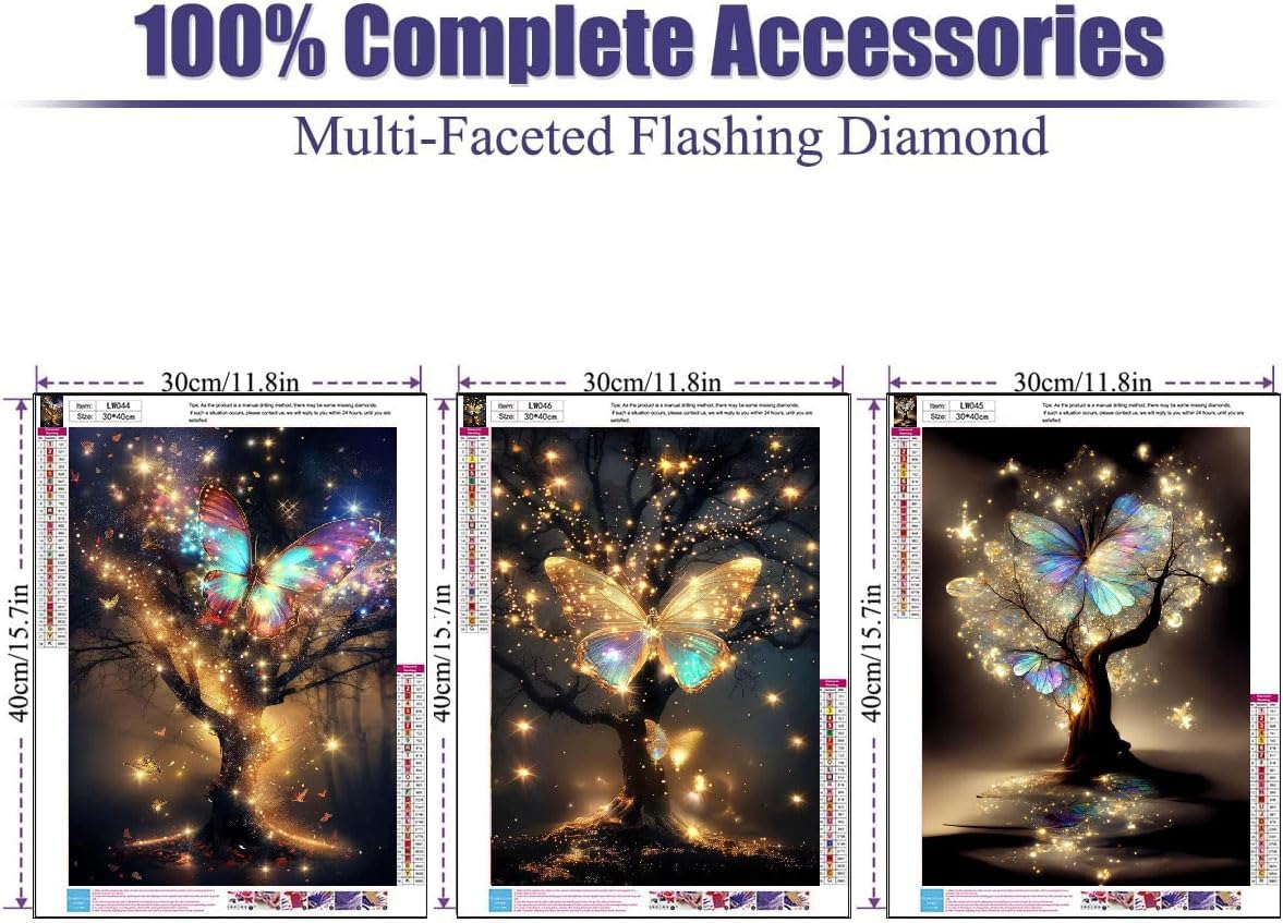WUDWL Diamond Painting Kits for Adults - 3 Pack Butterfly Tree 5D Diamond Art Kits Full Drill Diamond Dots Paintings with Diamonds Gem Art and Crafts Home Decor 12x16inch ﻿ WUDWL
