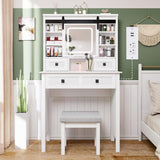 MECHYIN Farmhouse Makeup Vanity Desk with Sliding Mirror, Vanity Set with Stool & Charging Station & 3 Brightness Lights, Ample Storage, Dressing Table for Women Girls Bedroom, White MECHYIN