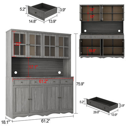 Homsee Large Kitchen Pantry Storage Cabinet with Glass Doors & Hutch, 75.9" Kitchen Buffet Cabinet Cupboard with Drawers and Multi-Tier Shelves for Dining Room, Living Room, Grey