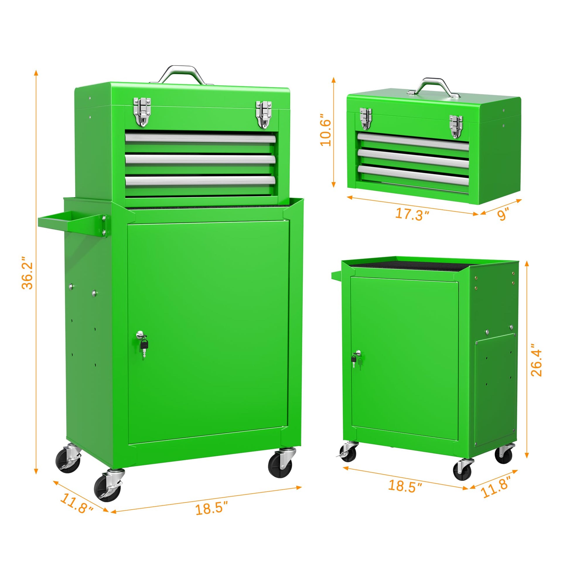 INTERGREAT 3 Drawers Tool Chest, Assembled Tool Cabinet with Wheels, Detachable Organized Tool Cabinet, Lockable Tool Chest for Workshop, Warehouse, Mechanics Garage (Green) - WoodArtSupply