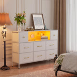 Fixwal Dresser for Bedroom with Power Outlets and LED Lights, White 55" TV Stand with 8 Drawers, Fabric Chest of Drawers with PU Finish for Living Room, Entryway Fixwal