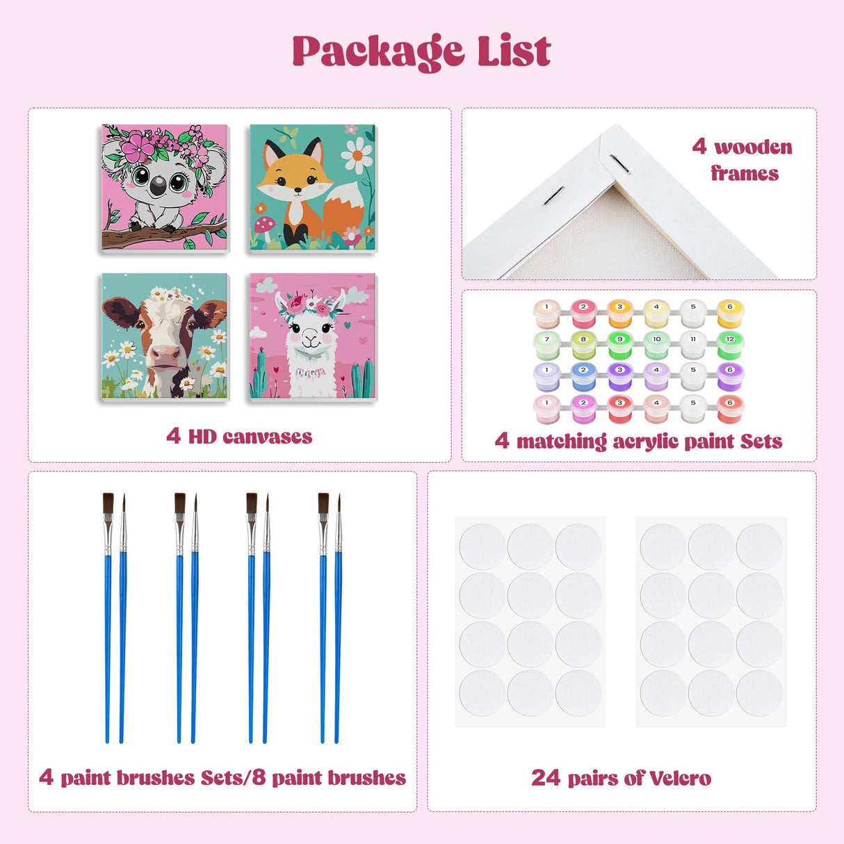 MXJSUA 4 Pack Framed Cute Animals Paint by Numbers for Kids Ages 6-12, Koala Fox Llama Cow Paint by Number Kits for Children Beginner, Acrylic Oil Painting for Home Wall Decor (8x8inch) MXJSUA