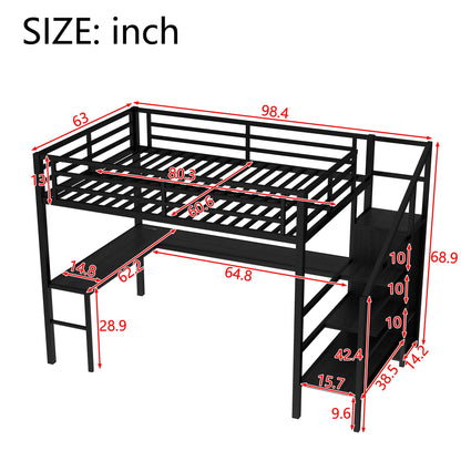 SOFTSEA Queen Size Loft Bed with Desk & Storage Stairs, Heavy Duty Metal Loft Bed with Storage Wardrobe and USB Ports for Adults, Queen Gaming Loft Bed with LED Lights for Kids Teens, Black