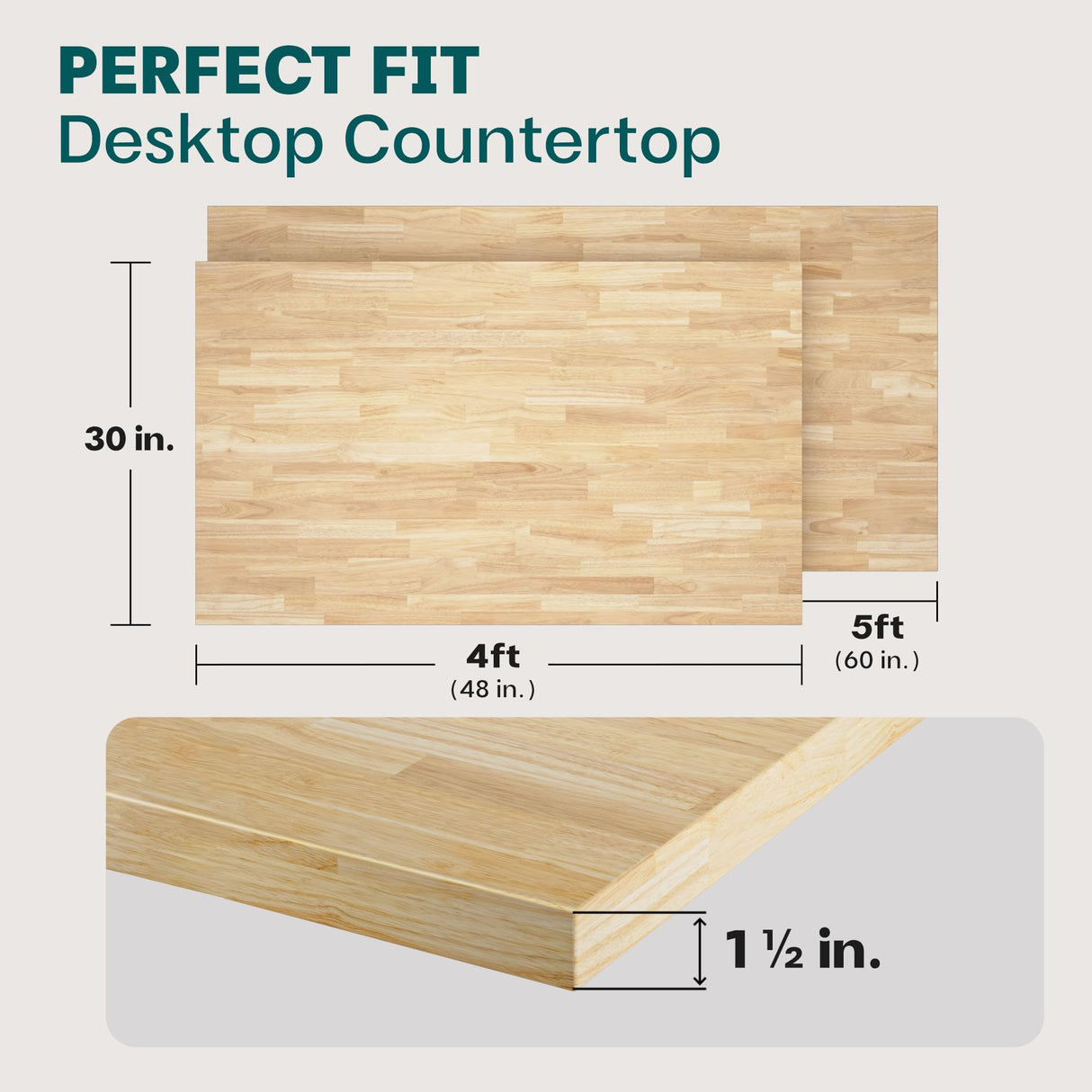 Bme Hevea Solid Wood Butcher Block Table Top, Desk top, Unfinished Butcher Block Countertop for DIY Desktop/Kitchen Countertop, 5ft L x 30"W, 1.5in Thick Bme