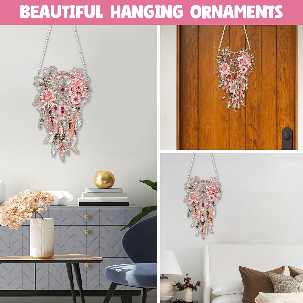 NAIMOER DIY Hanging Diamond Art Kits for Adults, Pink Dream Catcher Diamond Painting Kits, Special Shaped Rhinestone, Acrylic 5D Gem Art Craft Window Pendants Home Garden Wall Hanging Ornament Kits NAIMOER