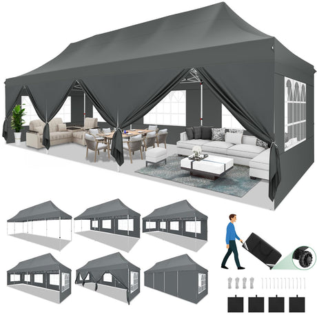 COBIZI Canopy Tent 10x30 Pop Up Canopy with 8 Removable Sidewalls Party Tents for Parties Wedding Patio Commercial Waterproof and UV50+ Ez Outdoor Instant Gazebo with Roller Bag & 4 Sandbags(Grey COBIZI