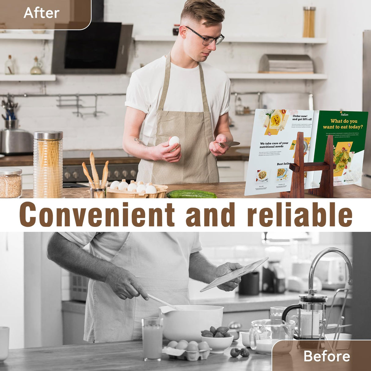 DEBETOOL Cookbook Stand for Kitchen - 8.8 inch Wooden Cookbook Holder for Kitchen Counter, Multifunctional Recipe Book Stand，Rustic Brown Recipe Book Holder Stand DEBETOOL