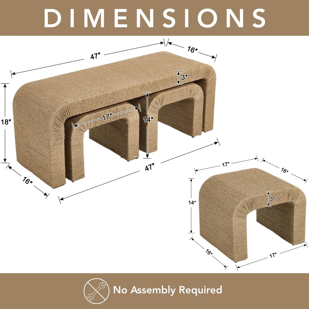 DM Furniture 3-Piece Nesting Woven Rope Coffee Table Set, 47" Modern Farmhouse Waterfall Wood Center Table with 2 Stools Underneath, Boho Coastal Living Room Accent Side End Table, Brown DM Furniture