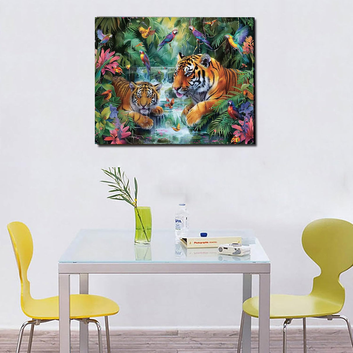 King of the Forest Paint by Numbers Two Tigers DIY Painting by Number on Canvas Waterfalls and Parrots Painting with Brushes Acrylic Paints for Adults and Beginner Home Decor 16x20 Inch（Without Frame） MSTINGSHUN
