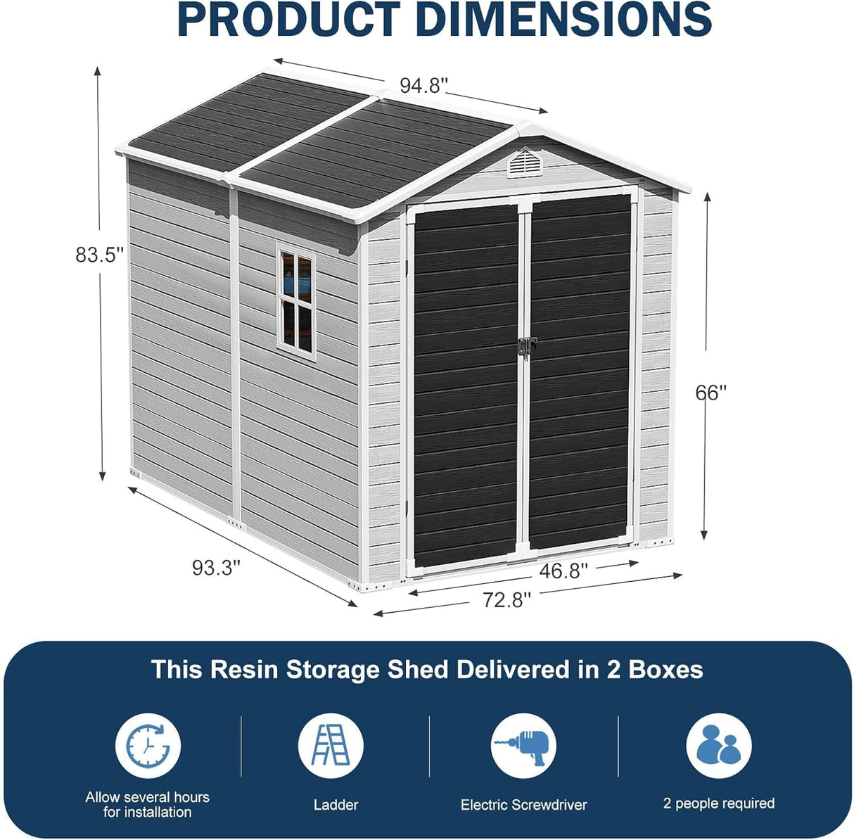 CDCASA 8x6 FT Resin Storage Shed, Waterproof Large Outdoor Shed with Floor & Lockable Door & Window & Vents, Plastic Tool Shed for Backyard, Patio, Poolside, Lawn, Dove Grey CDCASA