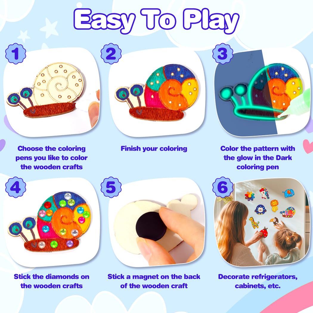 EAPHANT Kids Crafts, 15 PCS Arts and Crafts Painting Kits for Kids Activities Wooden Magnets to Paint EAPHANT