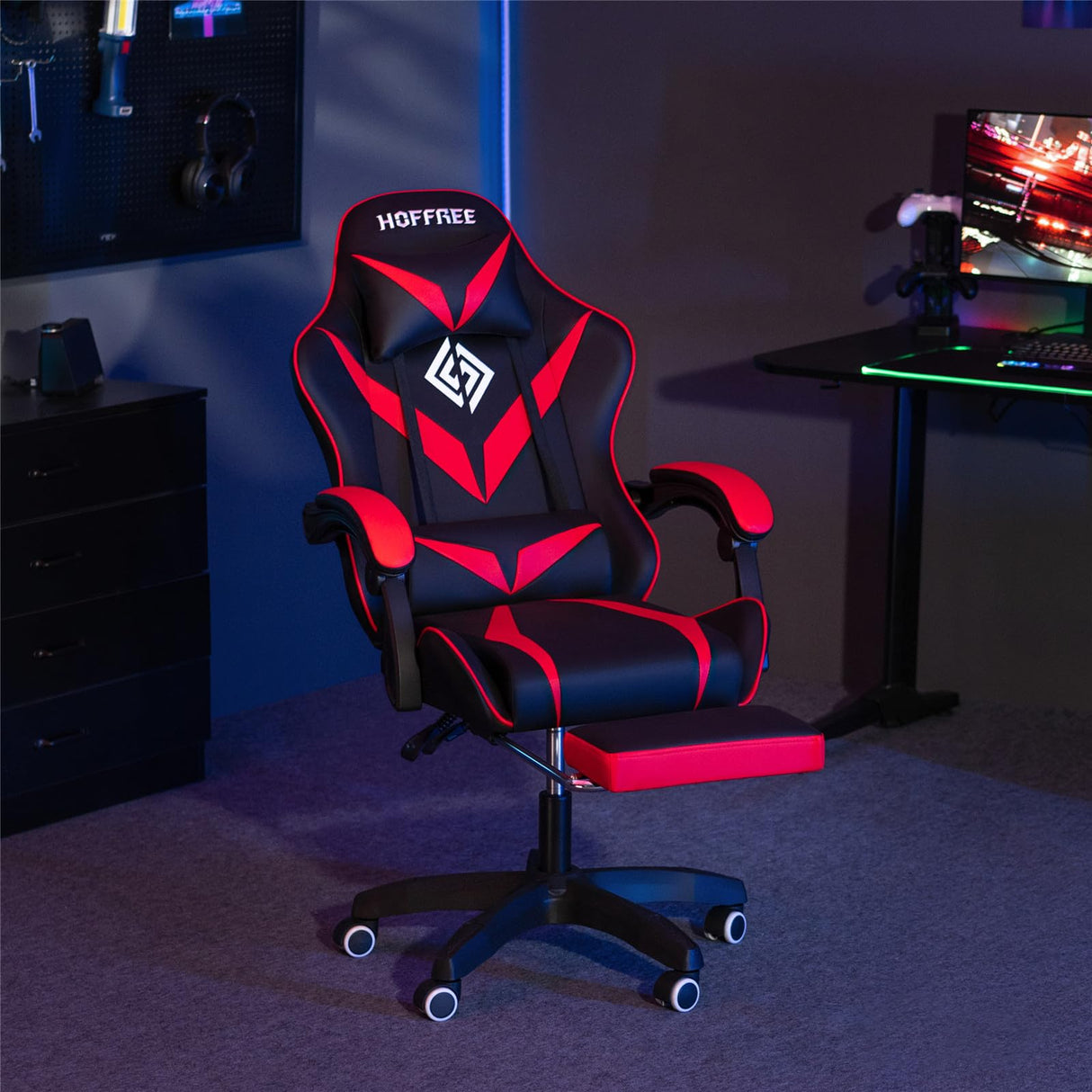 HOFFREE Massage Gaming Chair for Kids Computer Gamer Chair with Footrest and Lumbar Support Reclining PC Game Chair with Headrest for Gaming Room Red and Black HOFFREE