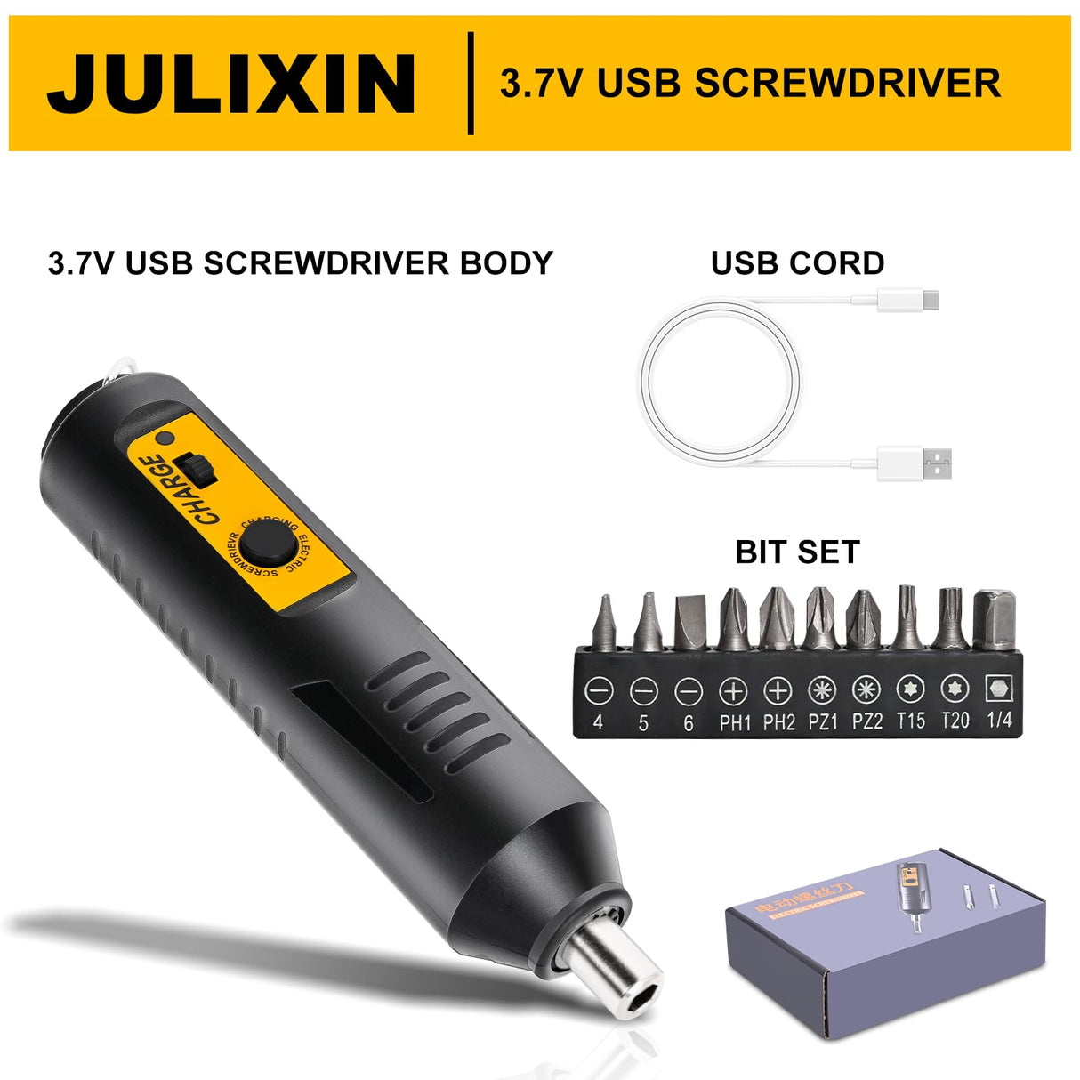 Mini Cordless Electric Screwdriver,Rechargeable, Can Rotate Clockwise Or Counterclockwise,With A Button Control And Ultra Long Battery Life,10 Bits&2 Extended Bits, USB Cable, Magnetic Hex Chuck Julixin