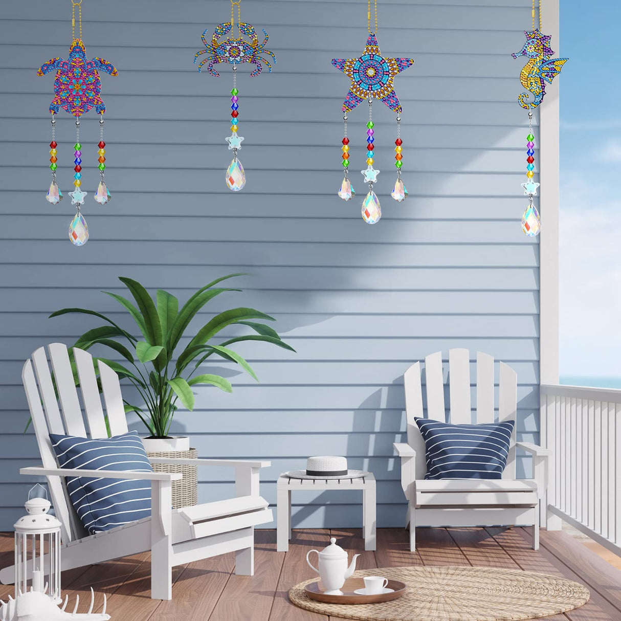 Tigeen 4 Pcs Diamond Art Painting Suncatchers, Ocean Themed Decorations Double Sided Crystal Sea Animal Wind Chime DIY Diamond Painting Animals Crystal Hanging Ornament with Chain for Adults Home Tigeen