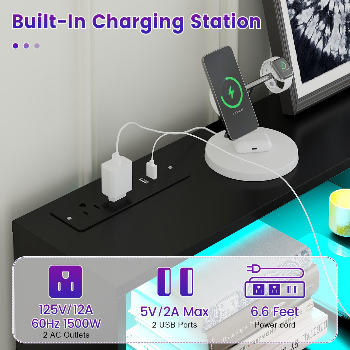 knoworld Black Dresser with LED Lights, 6 Drawer Dresser with Power Outlet for Bedroom, Large Wooden Chest of Drawers, Organizer Cabinet for Bedroom,Living Room,Hallway, Entryway knoworld