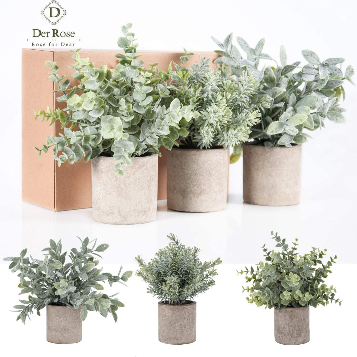 Der Rose 3 Pack Mini Potted Fake Plants Artificial Plastic Eucalyptus Plants Topiaries for Home Office Desk Farmhouse Room Decor Der Rose