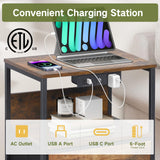 OUTONLIFE Nightstand with LED Dimmable Light & Charging Station, Narrow Bed Side Table with 2 Fabric Drawers, 2 USB Ports & AC Outlets, 3-Tier End Table with Storage Shelves for Bedroom, Living Room OUTONLIFE