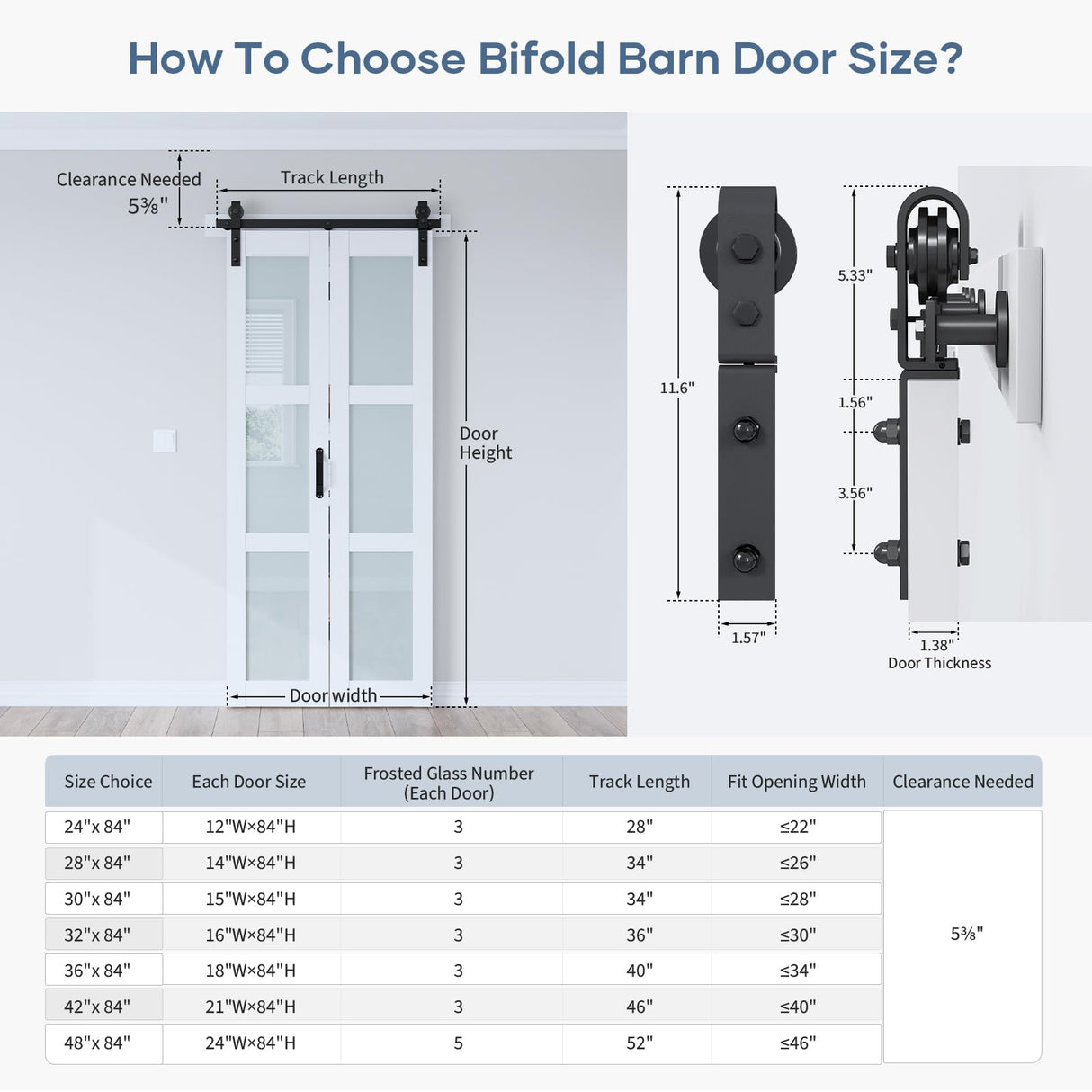 EaseLife 30"x 84" (Double 15" x 84" Doors) Bifold Barn Door, Bifold Sliding Barn Door with Hardware Kit Included, Solid MDF Wood Slab Covered with Water-Proof PVC Surface, Frosted Glass Panel EaseLife