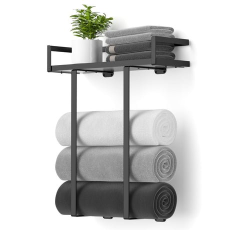 Towel Racks for Bathroom Wall Mounted, Xstydes Metal Towel Holder with Wooden Shelf for Folding Large Towels, Towel Storage for Small Bathroom Organizer Decor or RV Camping, Black Xstydes