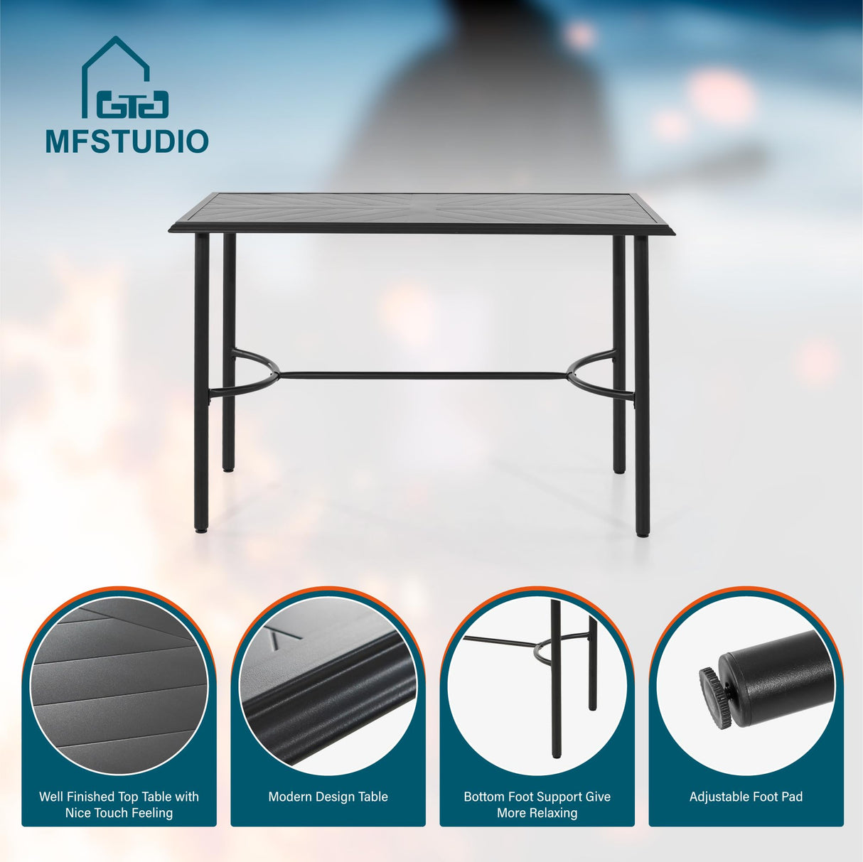 MFSTUDIO 36.2” Patio Counter Height Bar Table, with Rectangular Heavy Duty Metal Table Top for 4, All Weather Resistant Outdoor Table, Black MFSTUDIO