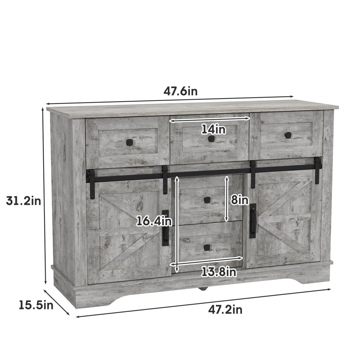 Vabches Farmhouse Sideboard Buffet Cabinet with Storage, Large Kitchen Sideboard Cabinet, Sliding Barn Doors and 5 Drawers, Adjustable Shelves, Coffee Bar Table for Dining Room, Light Rustic Oak Vabches