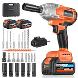 Cordless Impact Wrench, 665Ft-Ibs (900N.m) 1/2" Electric Impact Wrench, 21V Power Impact Drill with 2x 4.0Ah Battery, 6 Sockets, 8 Drill, 6 Screws, Impact Gun Variable Speeds for Car/Truck/Mower Protmex