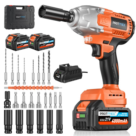 Cordless Impact Wrench, 665Ft-Ibs (900N.m) 1/2" Electric Impact Wrench, 21V Power Impact Drill with 2x 4.0Ah Battery, 6 Sockets, 8 Drill, 6 Screws, Impact Gun Variable Speeds for Car/Truck/Mower Protmex