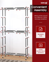 Sakugi Heavy-Duty Clothes Rack - 33.0" x 12.2" x 74.2" Clothing Rack with Shelves & Wheels, Multi-Functional Wardrobe Closet with Hooks, Sturdy Metal Garment Rack for Bedroom, Laundry, Balcony (Black) Sakugi