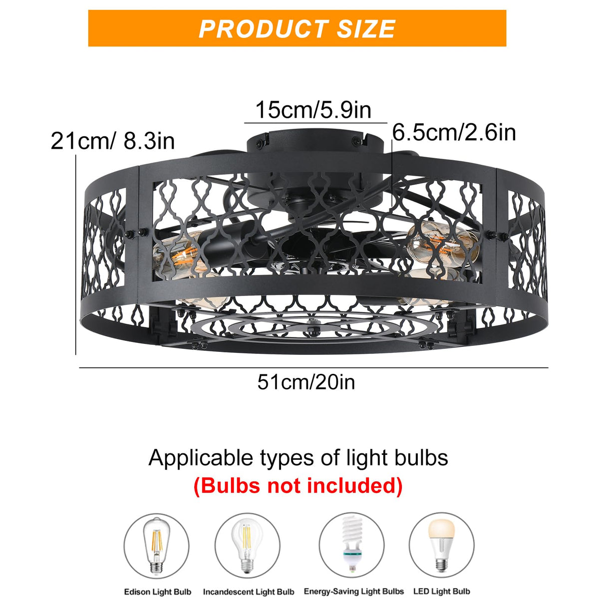 Garwarm 20in Caged Ceiling Fan with Light,Bladeless Black Fandelier Ceiling Fan with Remote,Industrial Farmhouse Flush Mount Ceiling Fan Light Fixtures for Kitchen,Bedroom, Living room（6 Speed,Timing） Garwarm