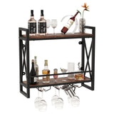 Giantex Industrial Wall Mounted Wine Rack, 2-Tier Metal Hanging Wine Bottle Glass Rack with 14-Bottle & 12-Mug Holders, Wall Wine Floating Shelves for Home Bar, Kitchen, Dining Room, Rustic Brown Giantex