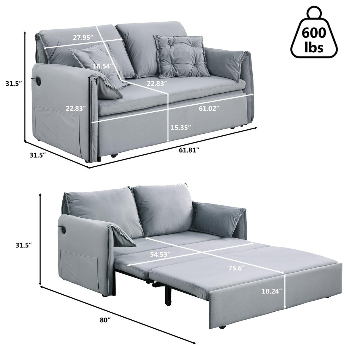 Queen Size Futon Sofa Bed,3-in-1 Convertible Sleeper Sofa Bed,Velvet Pull Out Bed with USB Port,Side Storage,2 Soft Pillows,Recliner Loveseat Sofa for Living Room,Small Space(Grey) Otnqu