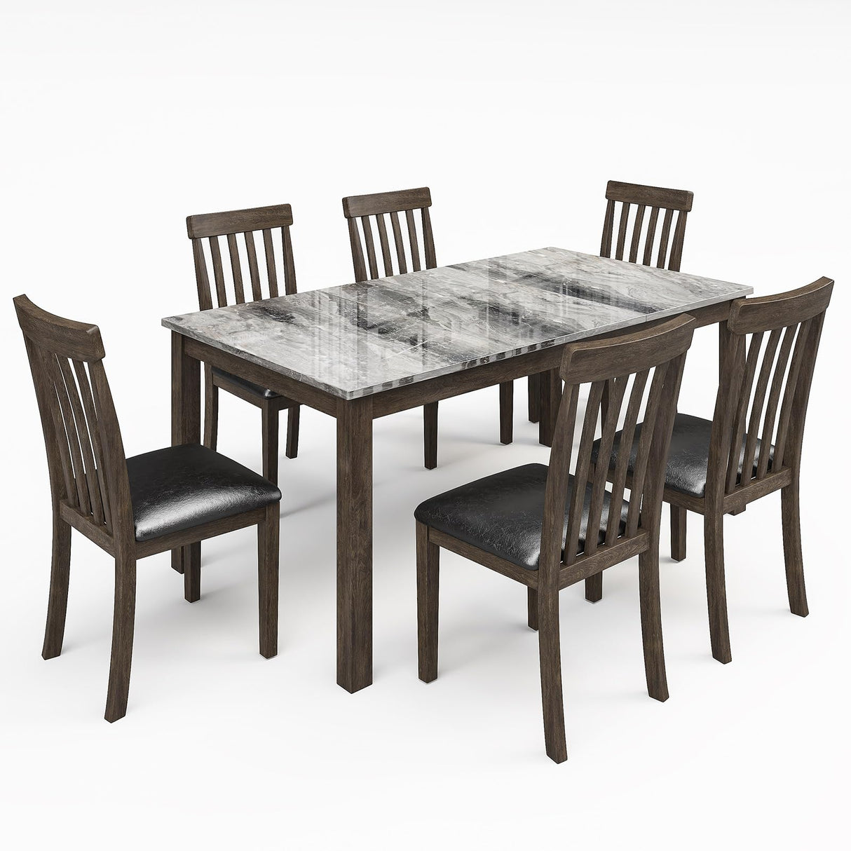 LUXOAK 7-Piece Solid Wood Dining Table Set, 71" Faux Marble Kitchen Table with 6 Chairs, Curved Backrests & PU Cushioned Seats, Perfect for Dining Room & Living Room LUXOAK