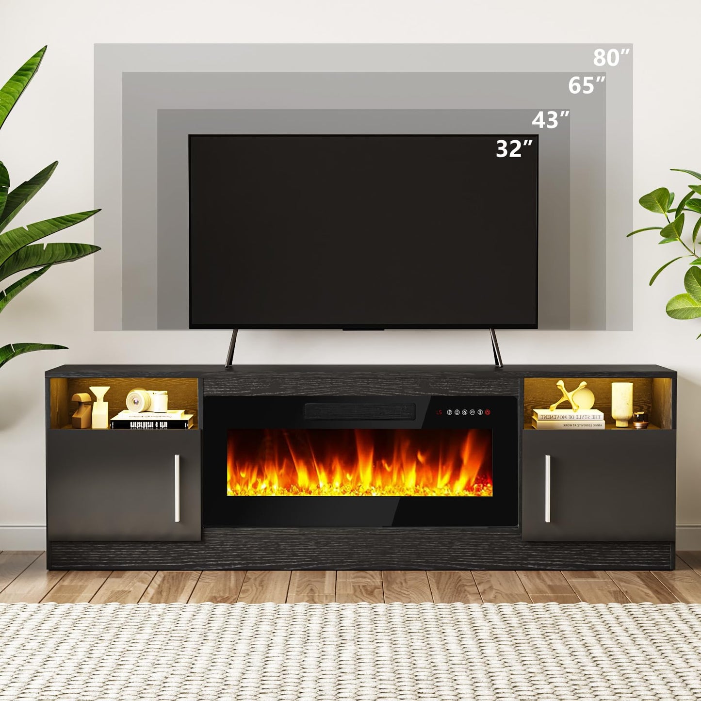 Tavata Fireplace TV Stand Entertainment Center with 36" Fireplace, 70" Wooden TV Stand for TVs Up to 80",Media TV Console with High Gloss Storage Cabinet and 16 Colors LED Lights (Black)