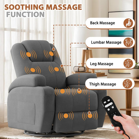 Flamaker Swivel Rocker Recliner Chair with Vibration Massage, 360° Swivel Recliner Chairs for Adults Ergonomic Lounge Chair with Cup Holders Lazy Boy Recliner Single Sofa Seat (Fabric, Gray) Flamaker
