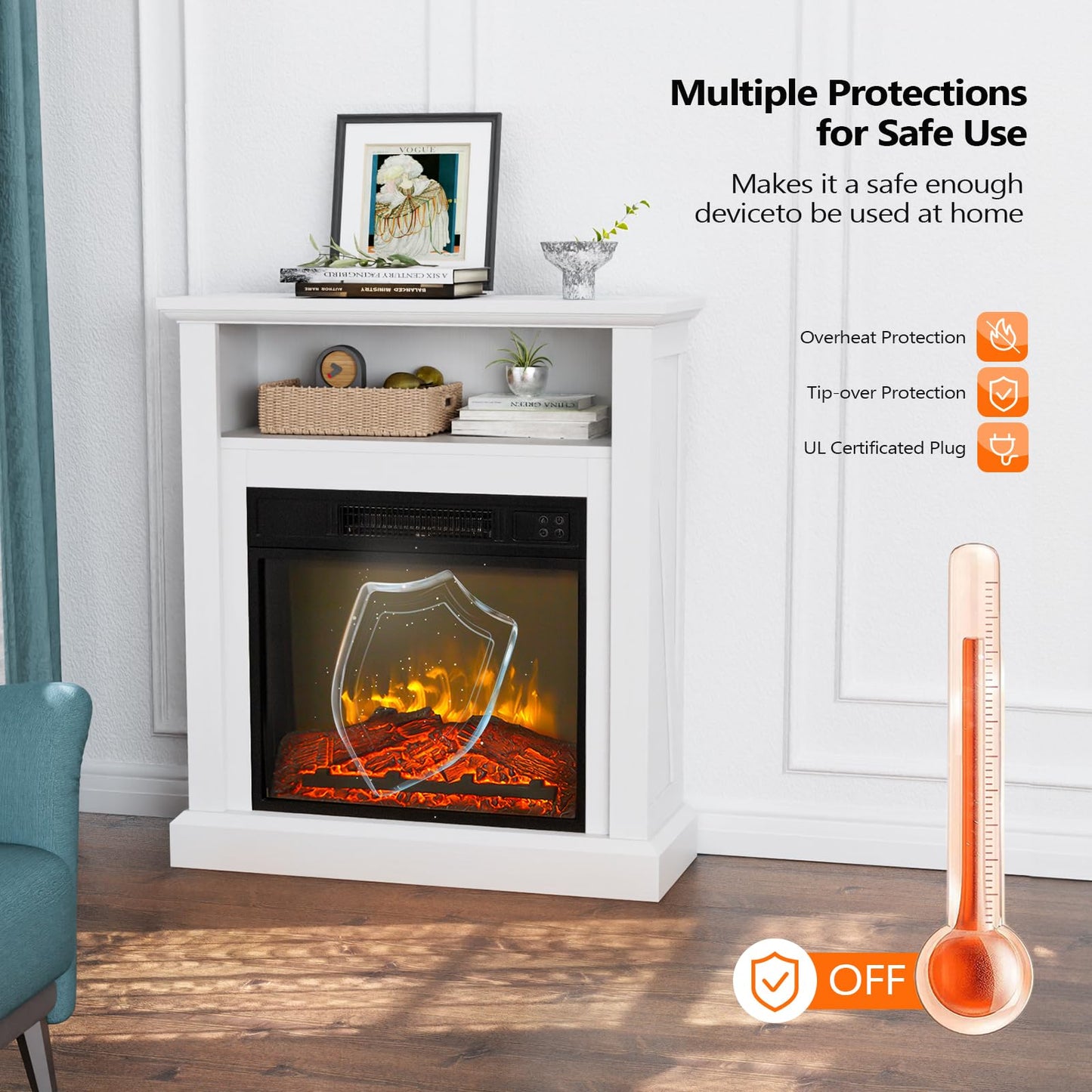 Bonnlo 30''H Freestanding Electric Fireplace Stove Space Heater with Realistic Flame, White Wood Mantel, Remote Control for Home Room Indoor, 1400W