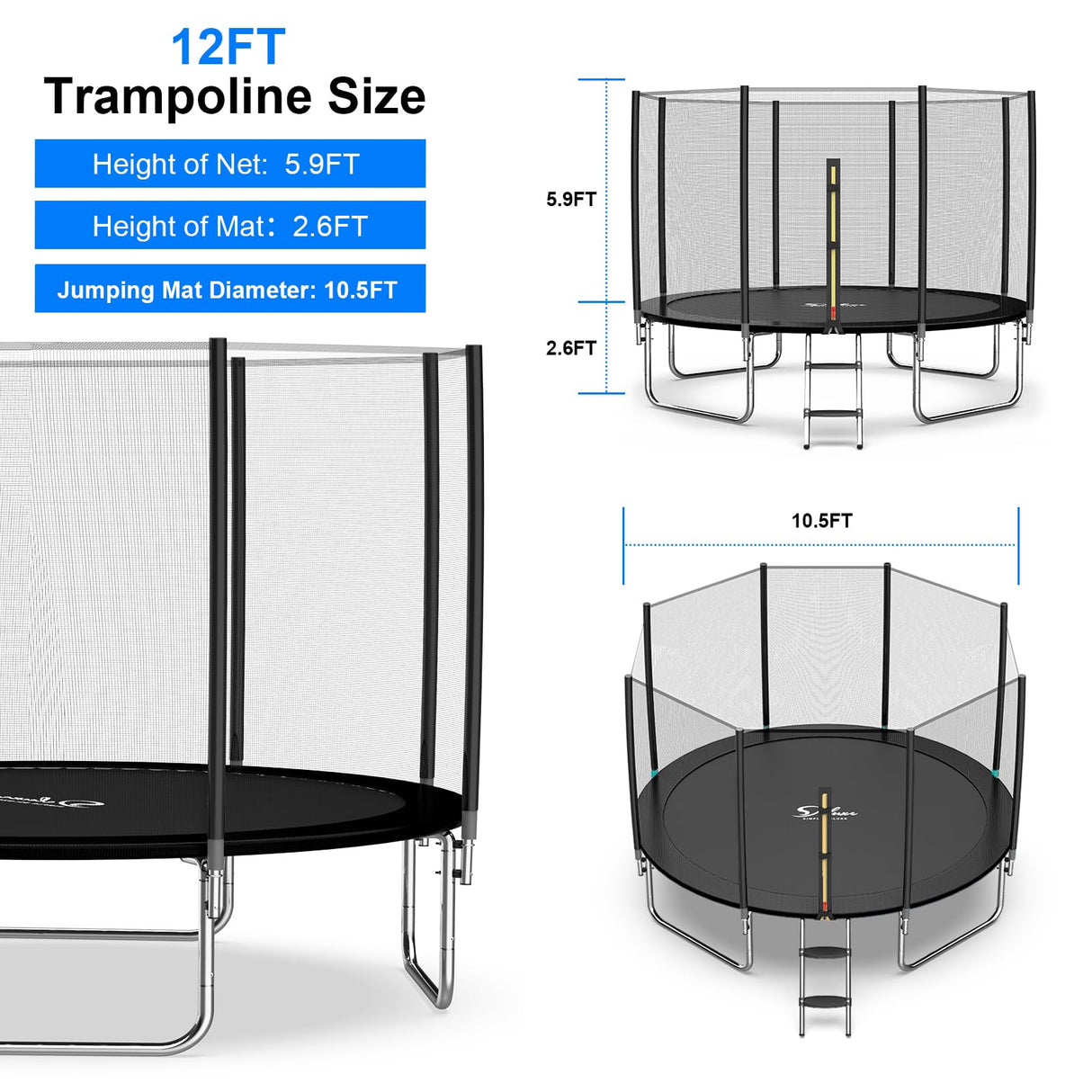 YSSOA 12FT Trampoline for Kids and Adults - Recreational Trampolines with Safety Enclosure, Wind Stakes, 400LBS Weight Capacity, Black Outside Net YSSOA