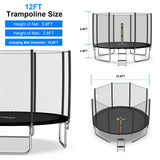 YSSOA 12FT Trampoline for Kids and Adults - Recreational Trampolines with Safety Enclosure, Wind Stakes, 400LBS Weight Capacity, Black Outside Net YSSOA