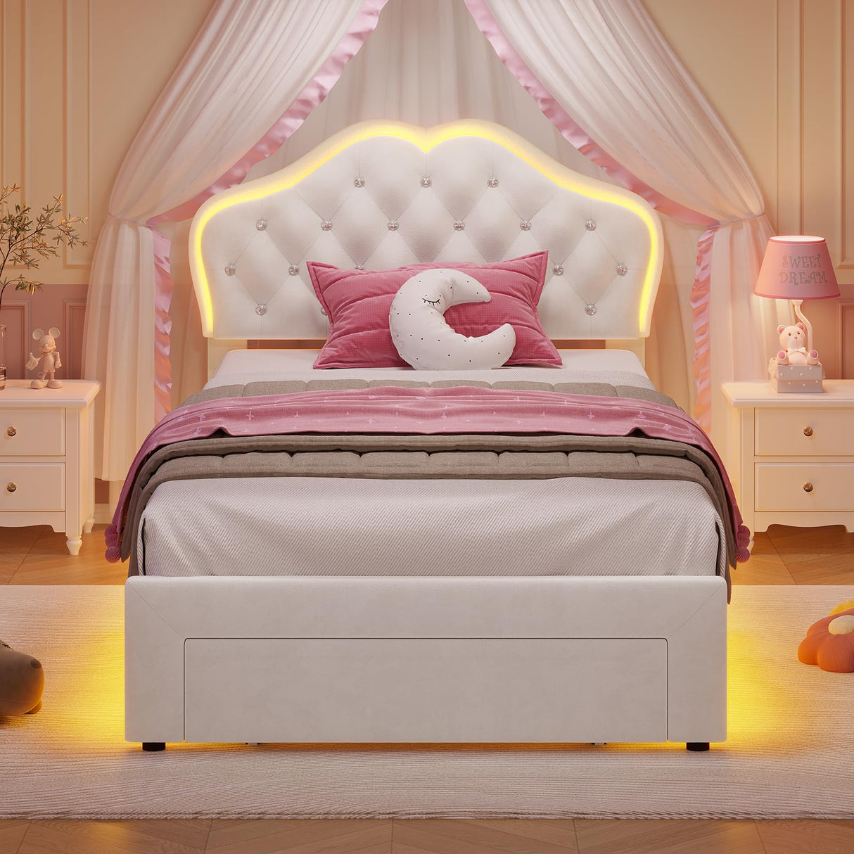 ADORNEVE Twin Size LED Bed Frame with Storage Drawer, Girls Twin Bed Frame with Adjustable Crystal Button Headboard, Velvet Princess Platform Bed for Girls, Solid Wooden Slats,Creamy White ADORNEVE