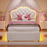 ADORNEVE Twin Size LED Bed Frame with Storage Drawer, Girls Twin Bed Frame with Adjustable Crystal Button Headboard, Velvet Princess Platform Bed for Girls, Solid Wooden Slats,Creamy White ADORNEVE