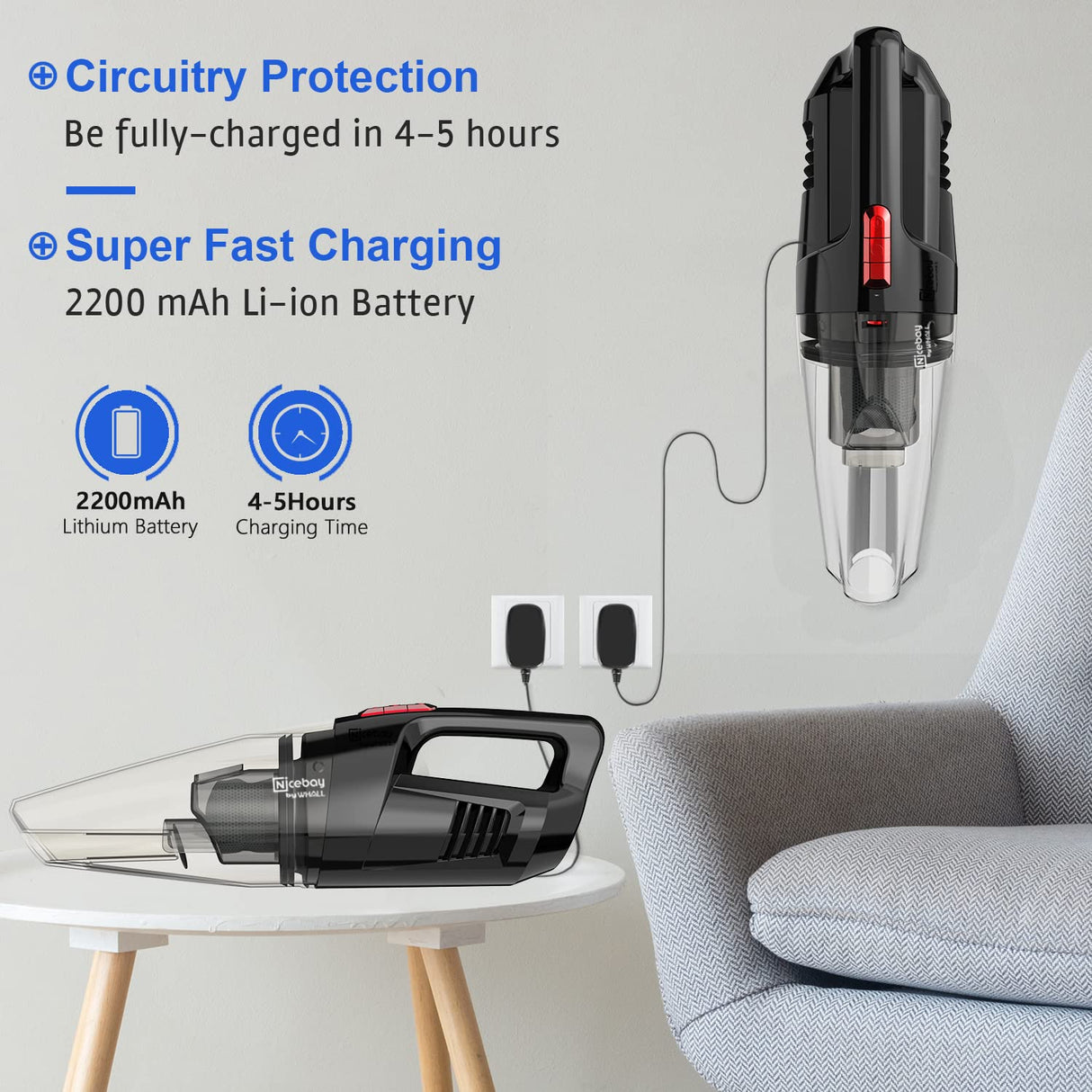 whall Handheld Vacuum Cordless, 8500PA Strong Suction Hand Vacuum, Wet Dry Hand Held Vacuum Cleaner with LED Light, Lightweight Mini Car Vacuum Cordless Rechargeable, Portable Vacuum whall