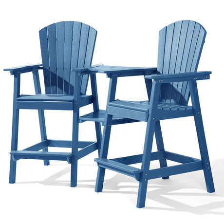 PASAMIC Tall Adirondack Chair Set of 2 with Removable Double Connecting Trays, Recycled HDPE with Wood Grain, Weather Resistant, Outdoor Adirondack Barstools for Deck, Balcony, Patio, Backyard, Blue PASAMIC
